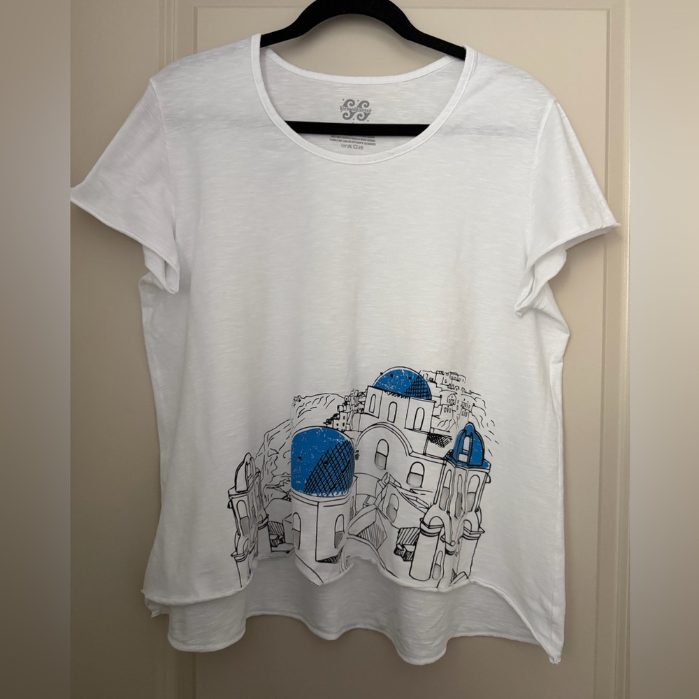 White T-Shirt with Blue Graphic